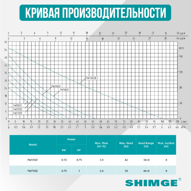 Кривая производительности Shimge PW 750 Z Кривая производительности Shimge PW 750 Z