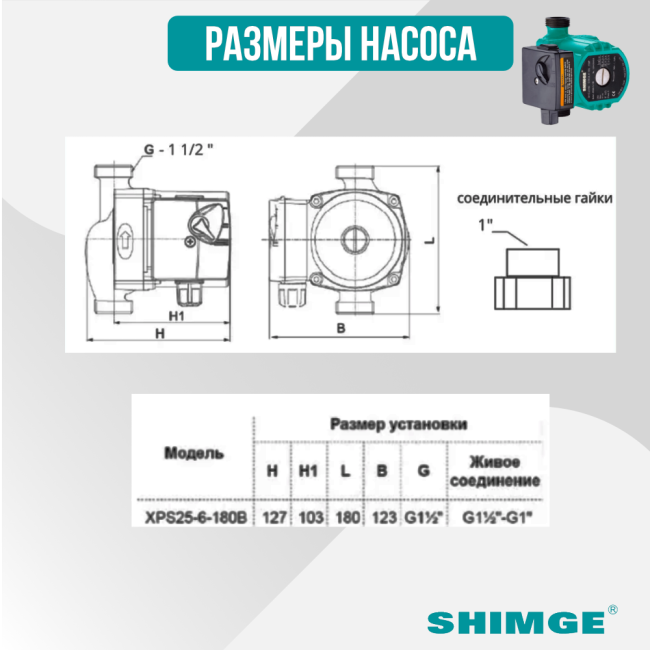 Размеры насоса SHIMGE XPS 25-6-180B